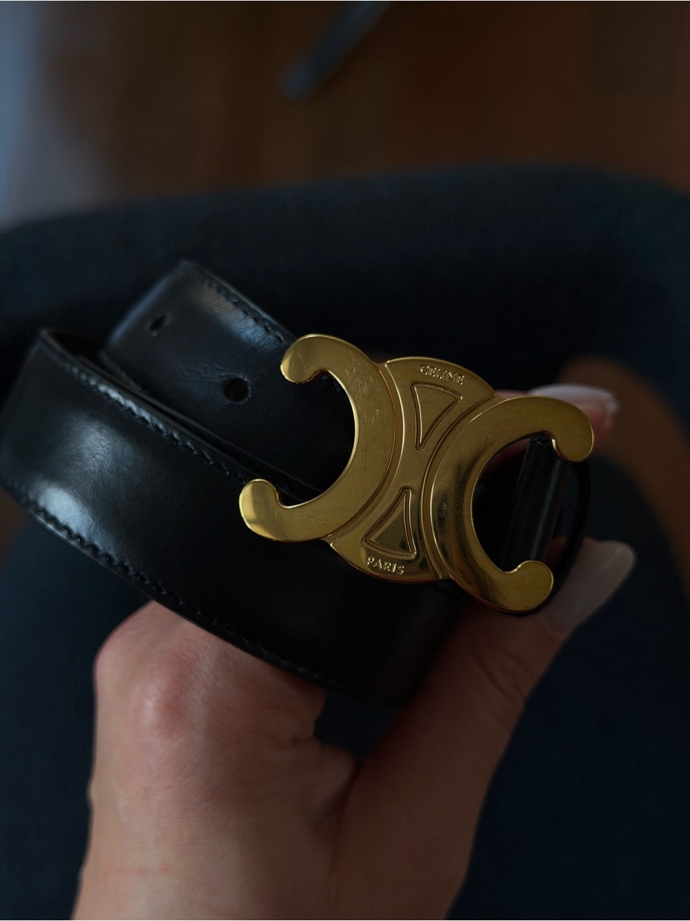 Celine Black Leather Belt with Gold Twin-C Buckle